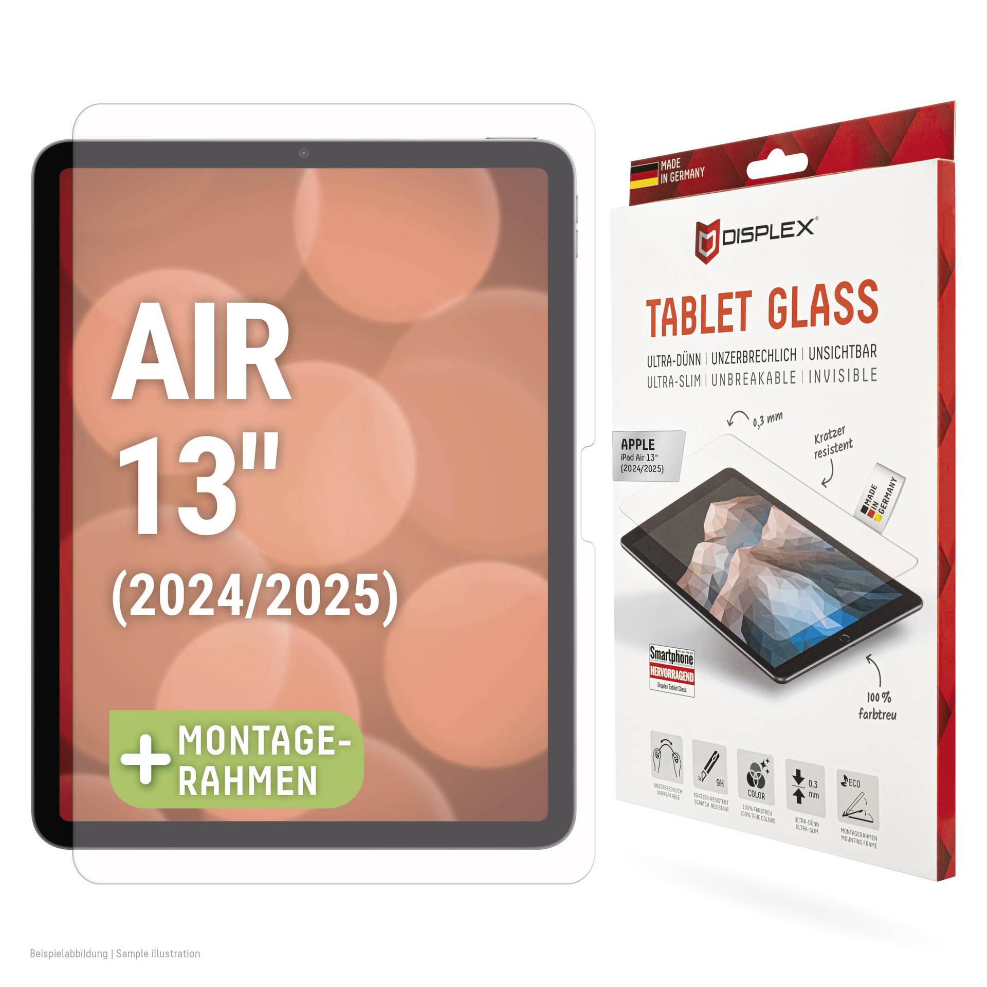 Immagine del prodotto di una pellicola protettiva per schermo tablet Air da 13 pollici con cornice di montaggio, per 2024/2025; l'imballaggio recita "Tablet Glass" e mostra vetro ultra sottile, infrangibile e invisibile.