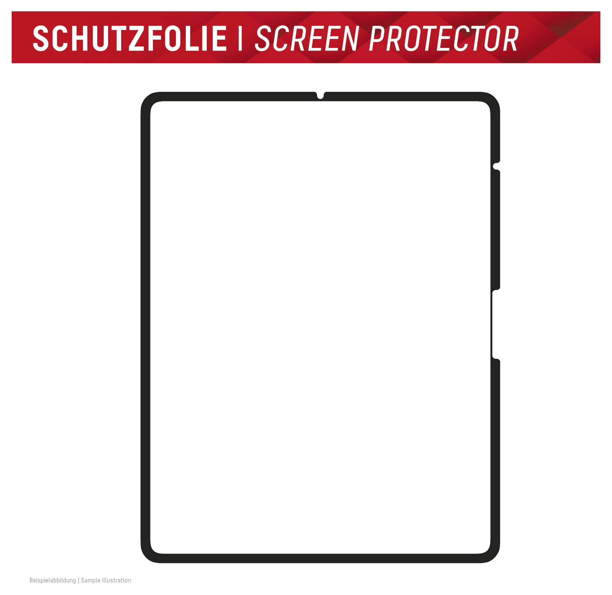 Illustrazione di una pellicola protettiva per tablet con contorno nero su sfondo bianco, etichettata 'SCHUTZFOLIE | SCREEN PROTECTOR' in alto.
