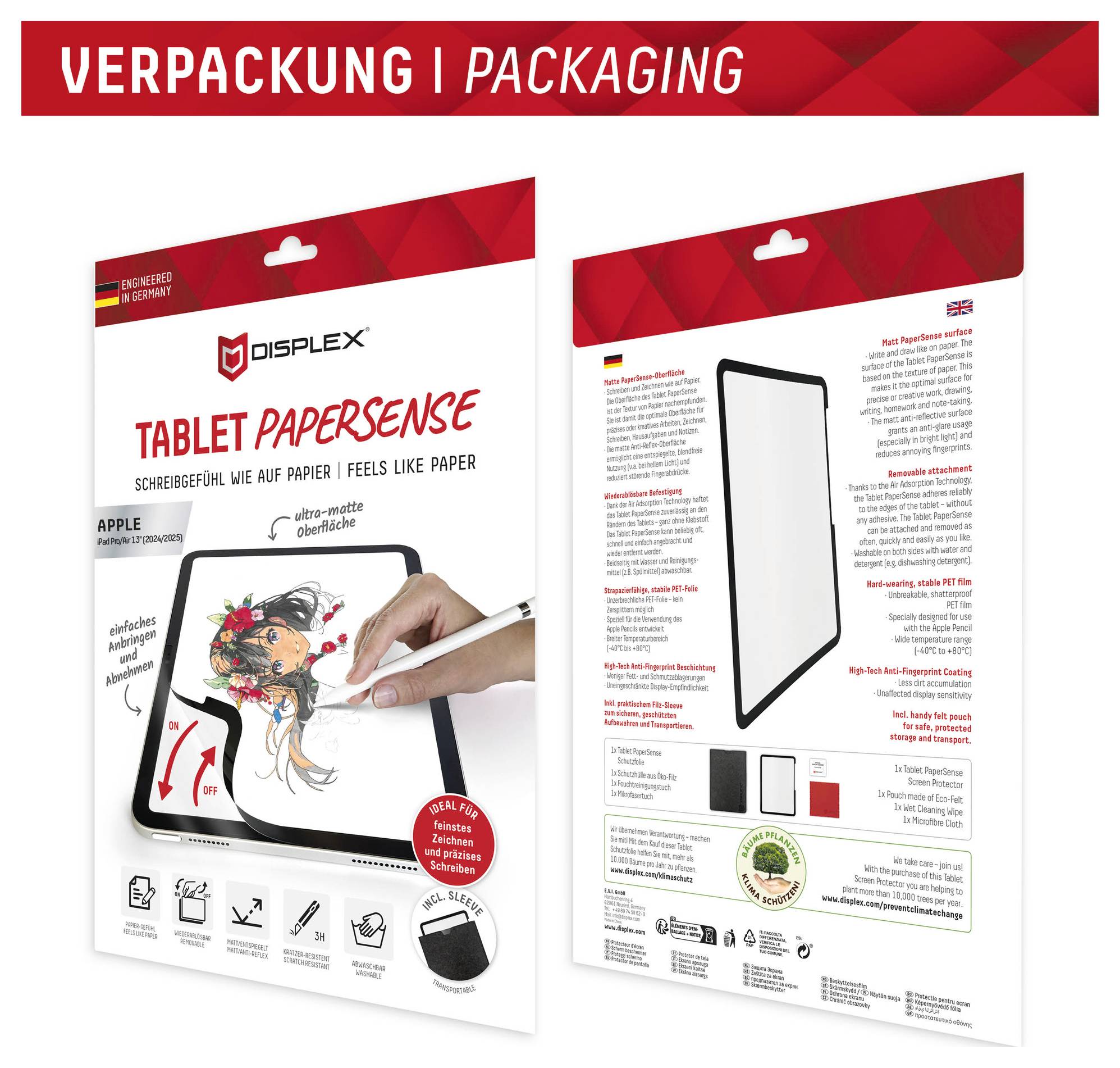Due visioni del packaging di DISPLEX Tablet PaperSense: il fronte mostra la pellicola protettiva per schermo con texture di carta per tablet per dispositivi Apple; il retro elenca i dettagli del prodotto e le caratteristiche.