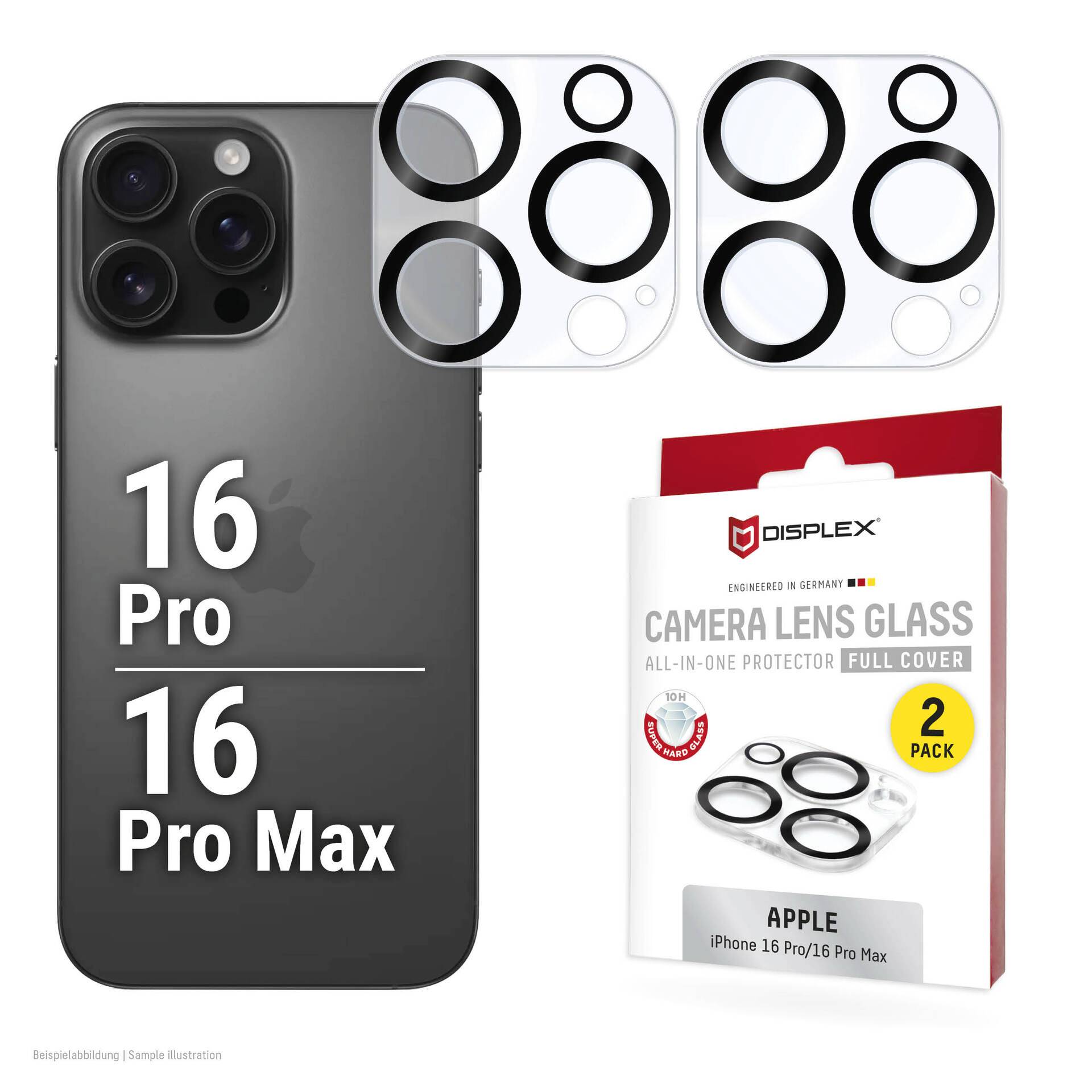 Grafica dell'iPhone 16 Pro e 16 Pro Max con protettori in vetro per le lenti della fotocamera, mostrati con due stili di copertura dell'obiettivo e imballaggio del prodotto per un pacco da 2.