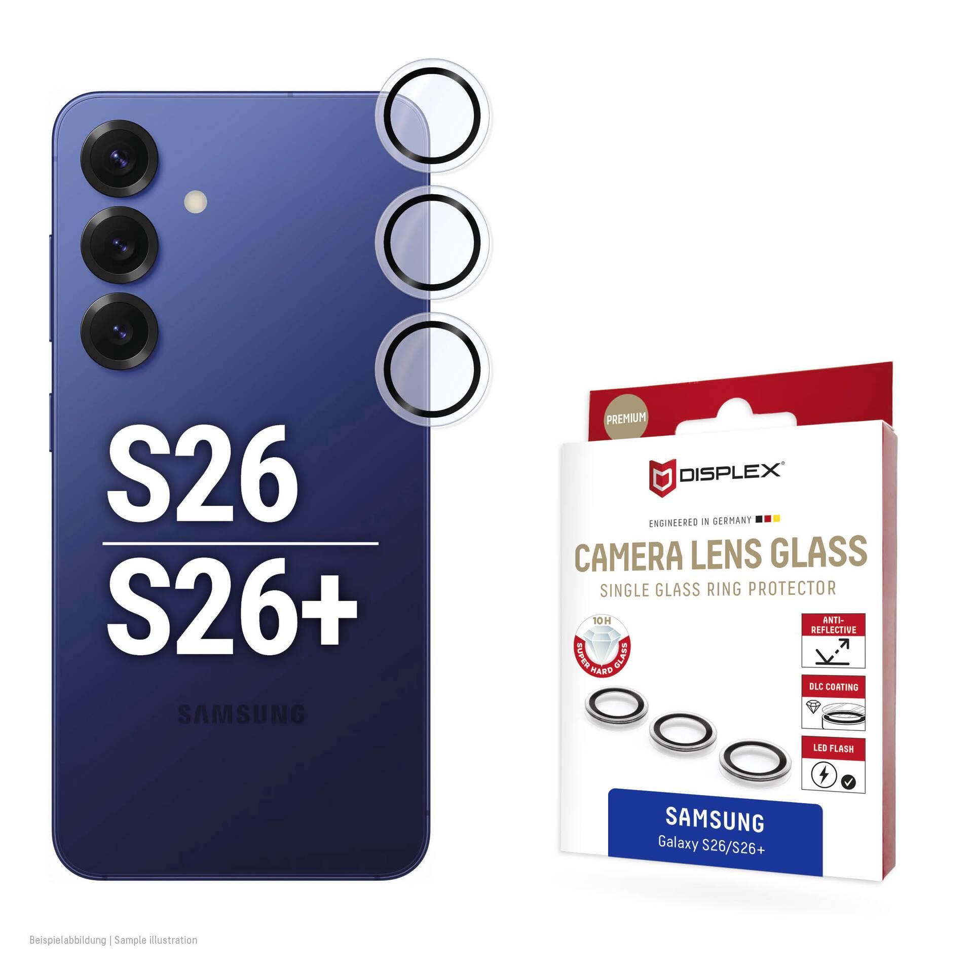 Samsung Galaxy S26/S26+ telefono posteriore con triple lenti fotocamera accanto a un pacchetto di protettore in vetro per lente fotocamera Displex per Samsung Galaxy S26/S26+.