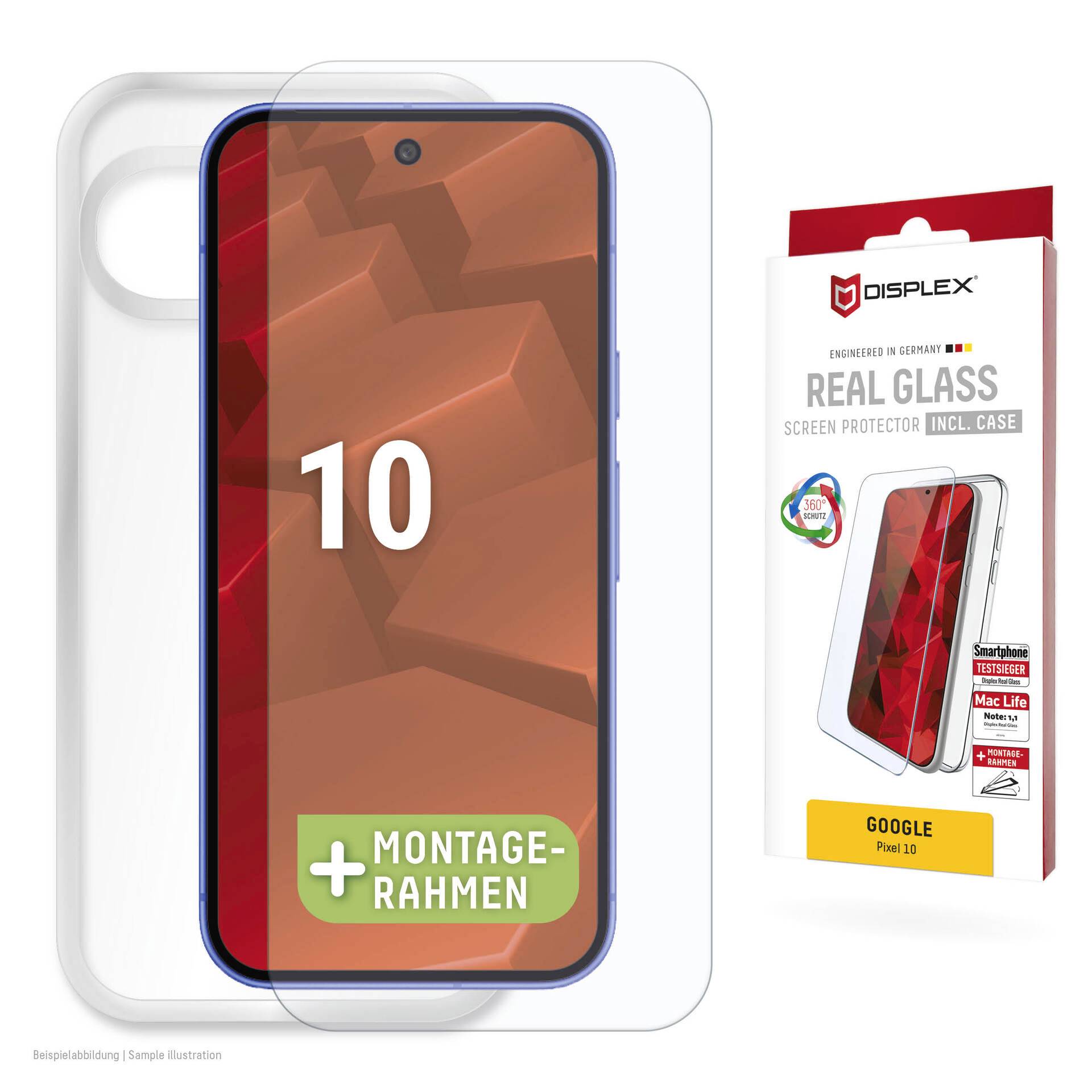 Immagine del prodotto di una pellicola protettiva per lo schermo e di una custodia trasparente per Google Pixel 10, mostrate su un telefono con '10' e 'MONTAGE-RAHMEN' sullo schermo, più la confezione al dettaglio etichettata 'REAL GLASS' e 'INCL. CASE'.