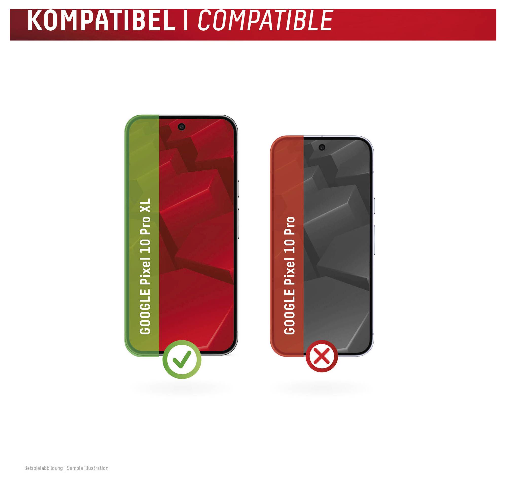 Grafico di compatibilità che mostra Google Pixel 10 Pro XL e Google Pixel 10 Pro; XL contrassegnato con segno di spunta verde, Pro contrassegnato come incompatibile con X rossa.