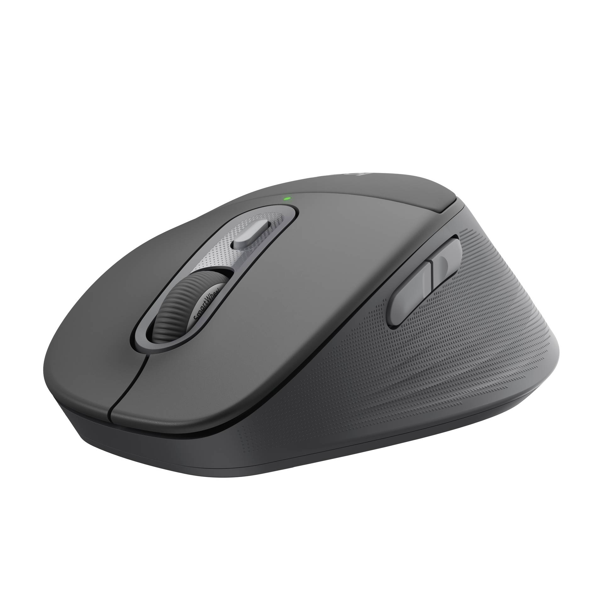 Mouse wireless ergonomico nero con rotella di scorrimento, due pulsanti laterali e piccolo indicatore di stato su sfondo bianco