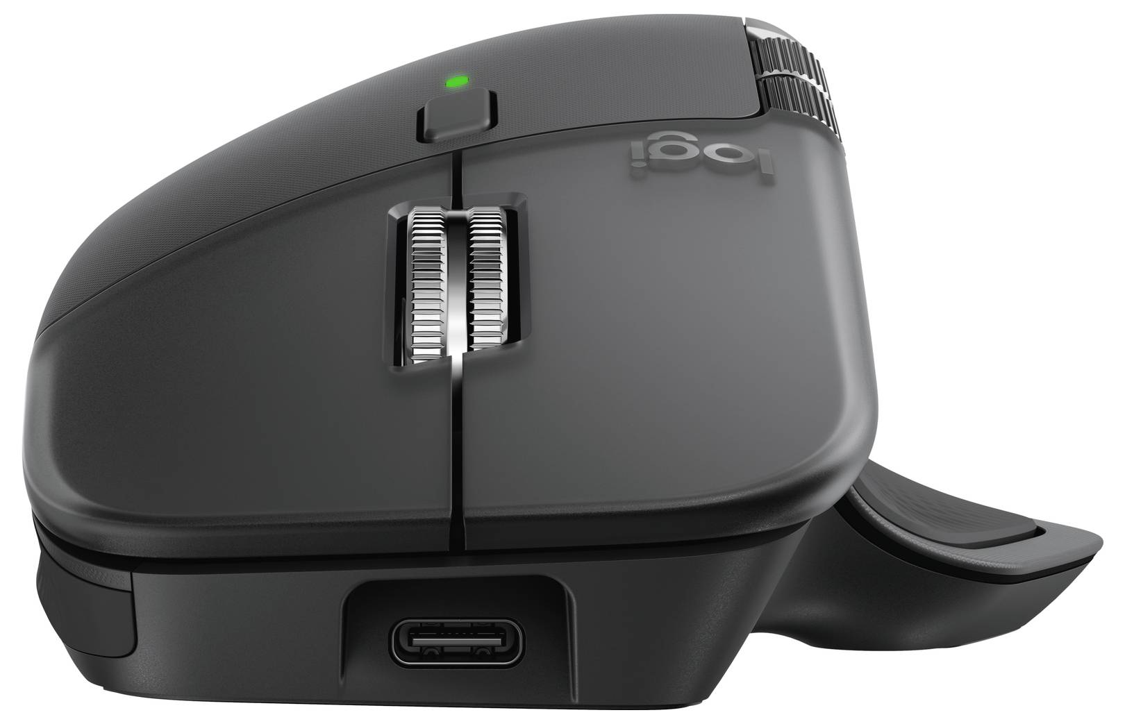 Vista laterale di un mouse verticale ergonomico nero Logitech con rotellina di scorrimento, poggiapollice e porta USB-C visibile.
