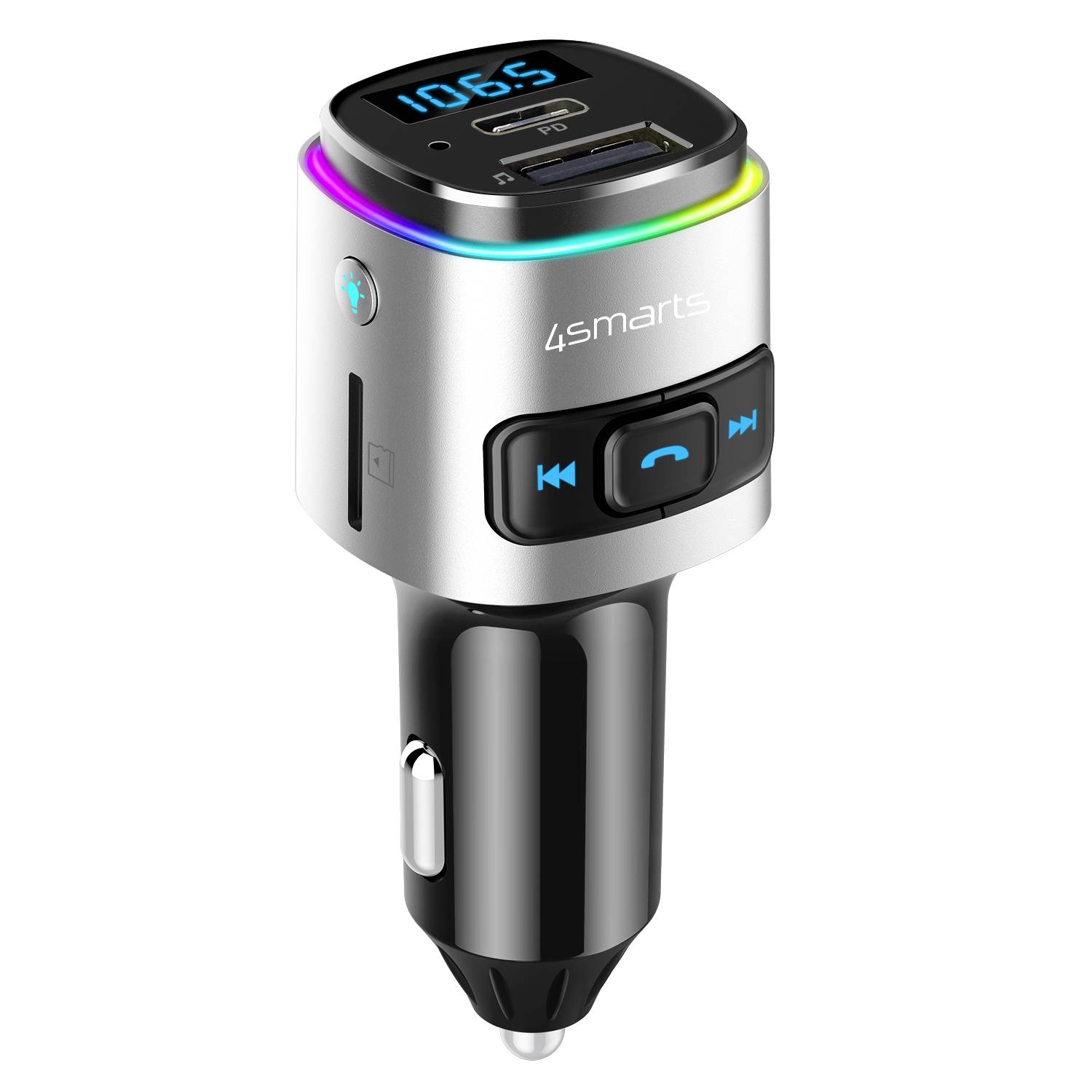 Trasmettitore FM per auto 4smarts e caricabatterie Bluetooth con display LED, porta USB e controlli di riproduzione per musica e chiamate in vivavoce.