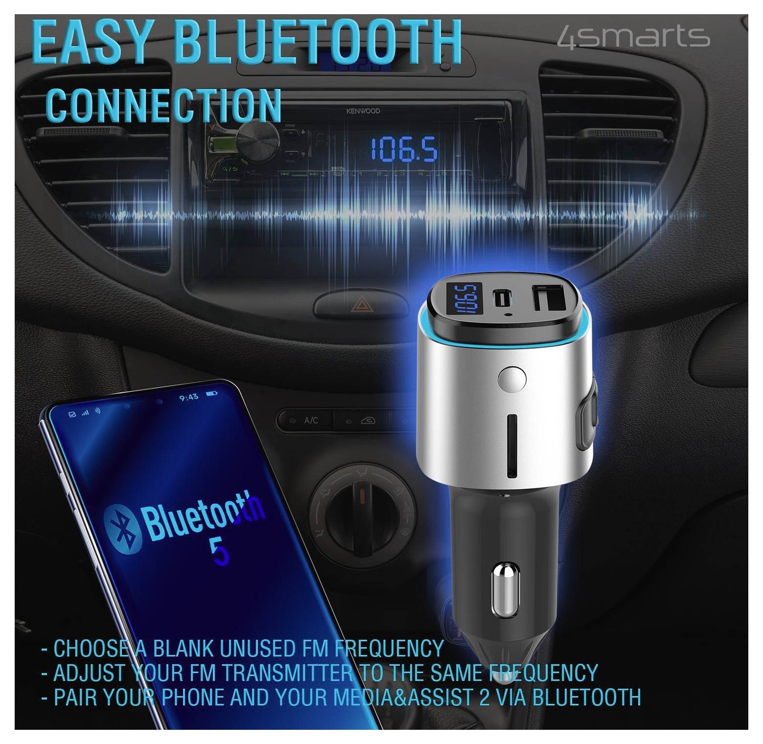Trasmettitore FM Bluetooth per auto con accoppiamento del telefono all'impianto stereo dell'auto su 106,5 FM, che mostra "CONNESSIONE BLUETOOTH FACILE" e procedure di configurazione.