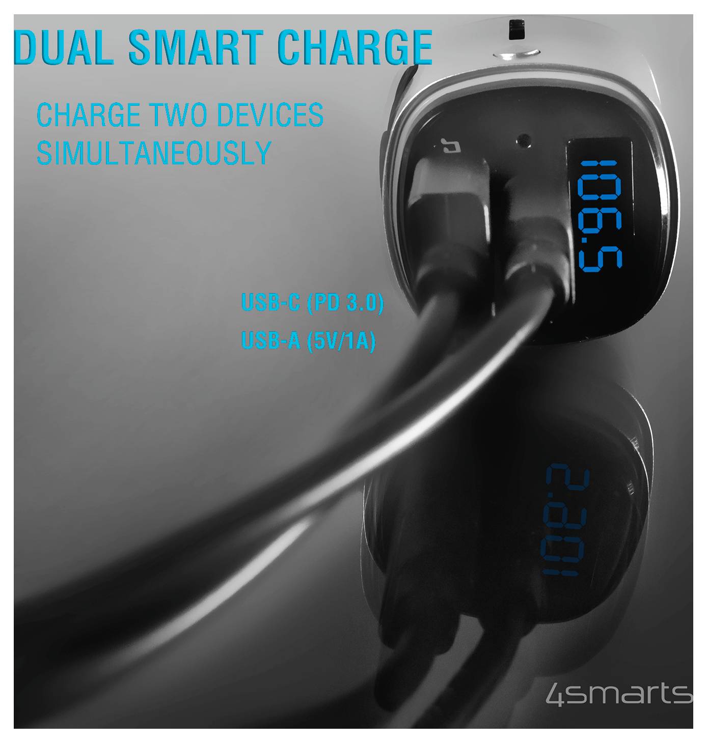 Immagine promozionale di un caricatore intelligente doppio con due porte USB; il testo dice "Carica due dispositivi contemporaneamente" e mostra le etichette USB-C (PD 3.0) e USB-A (5V/1A).