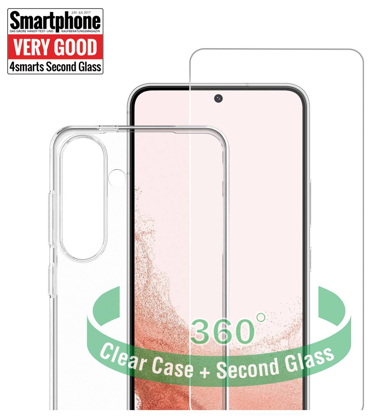 Immagine promozionale di uno smartphone con una custodia protettiva trasparente e vetro per lo schermo, etichettato '360° Clear Case + Second Glass' e 'MOLTO BUONO'.