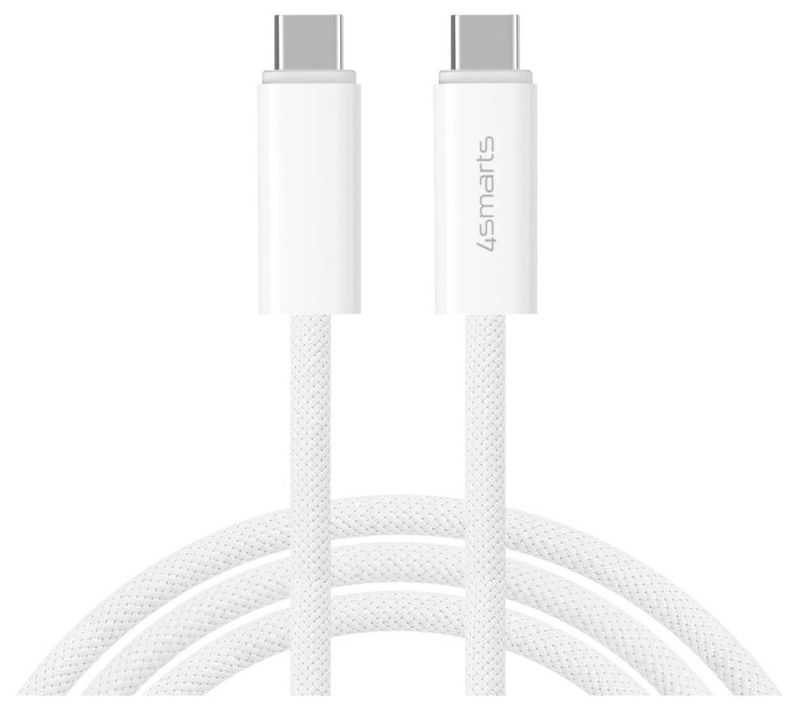 Cavo di ricarica USB-C bianco con due connettori, marchio 4smarts, mostrato arrotolato su uno sfondo neutro.