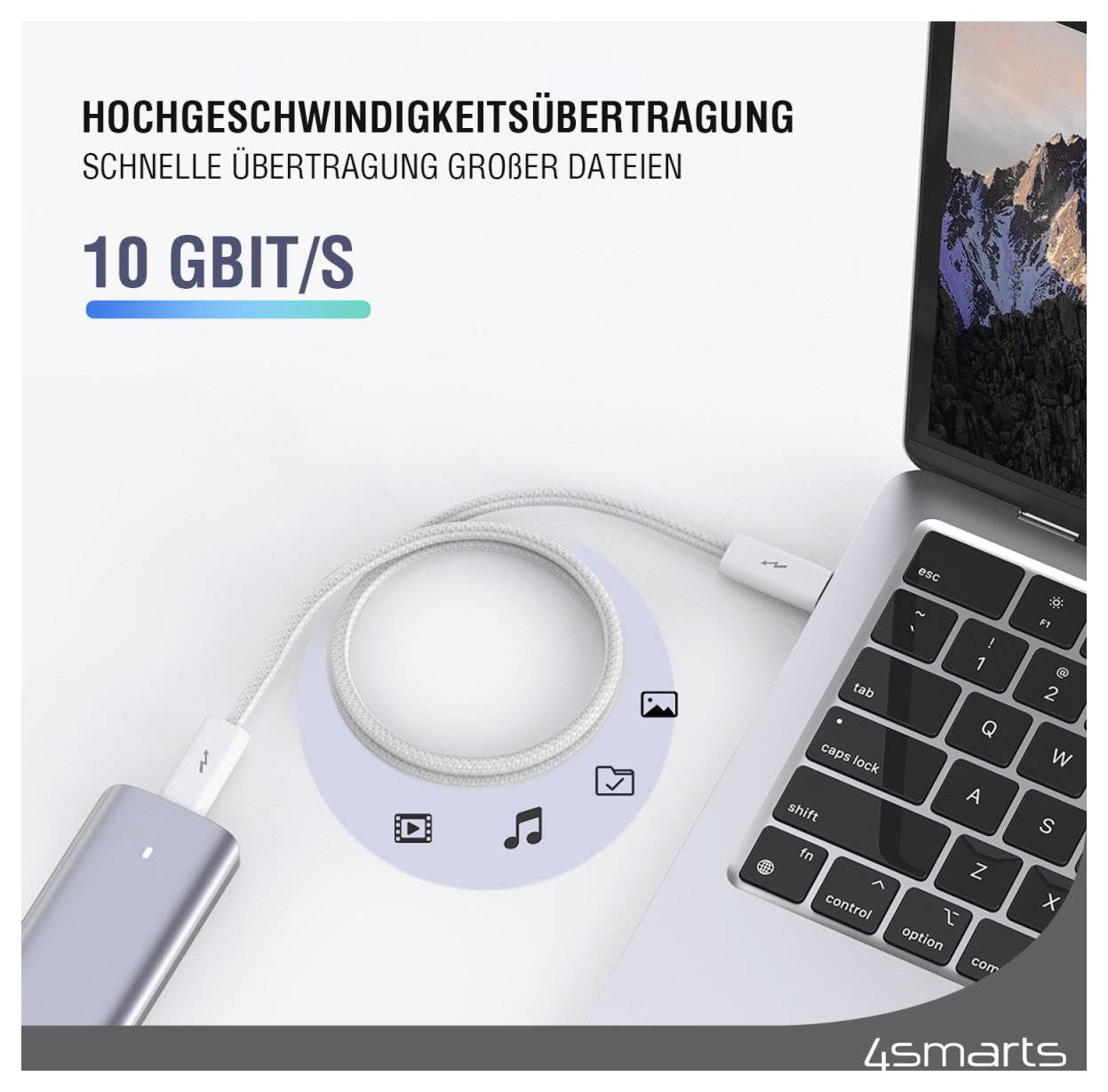 Annuncio pubblicitario per cavo di trasferimento dati ad alta velocità che mostra 'TRASFERIMENTO AD ALTA VELOCITÀ', 'TRASFERIMENTO VELOCE DI FILE DI GRANDI DIMENSIONI' e '10 GBIT/S' accanto a un laptop e a un cavo USB-C.