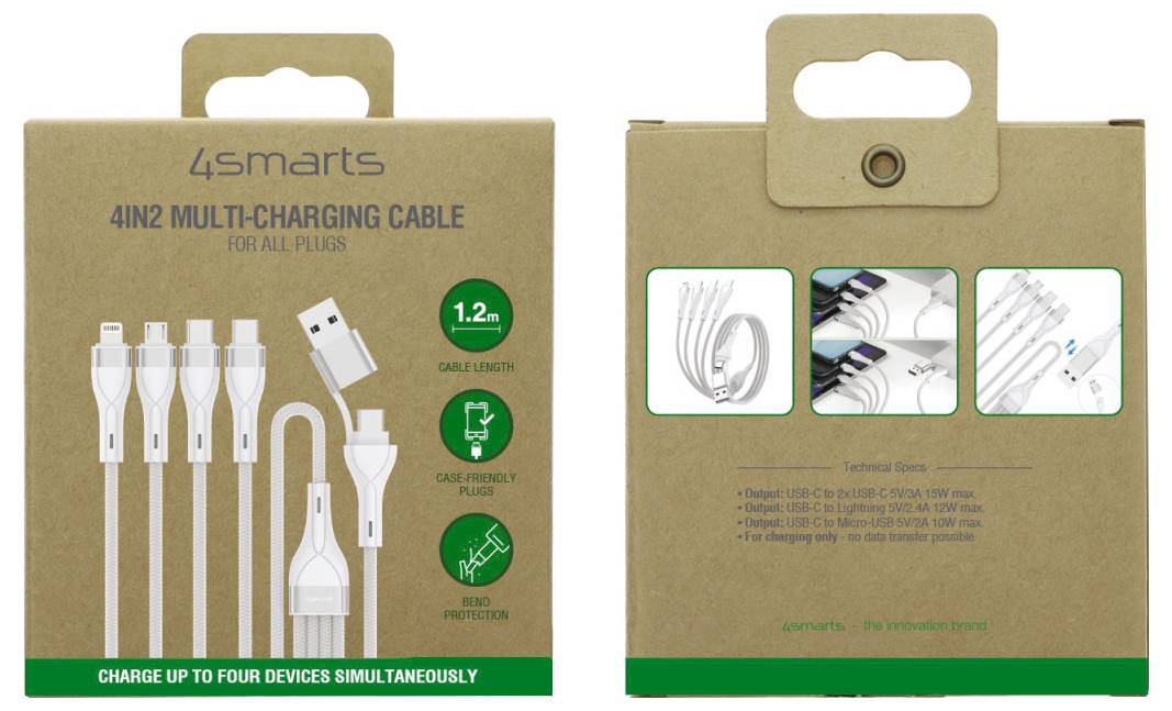 Confezione del cavo multi-ricarica 4Smarts 4-in-2, che mostra USB bianco e connettori per più dispositivi sulla parte anteriore e posteriore del cartone marrone.