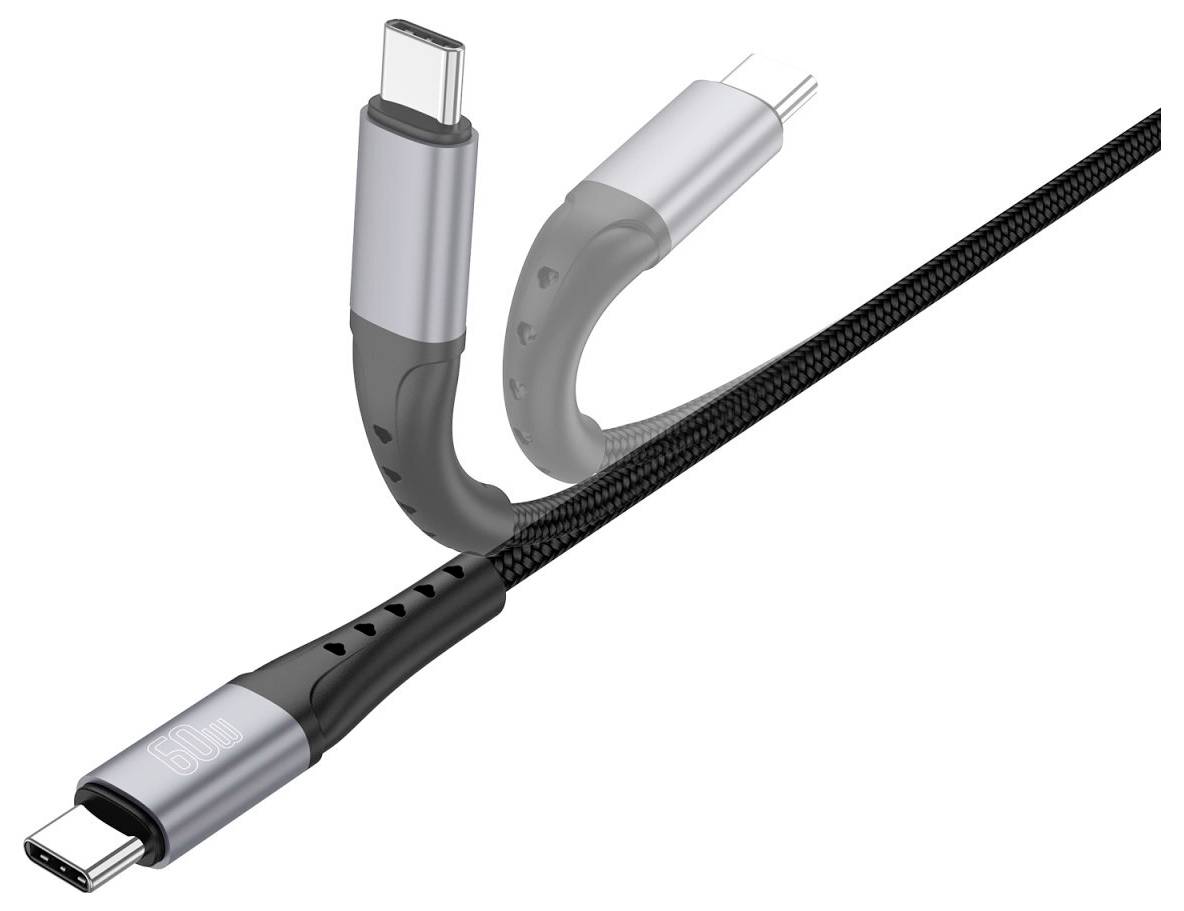 Un cavo USB-C intrecciato con un connettore dritto e un connettore angolato, mostrato con una vista ravvicinata del design del plug.