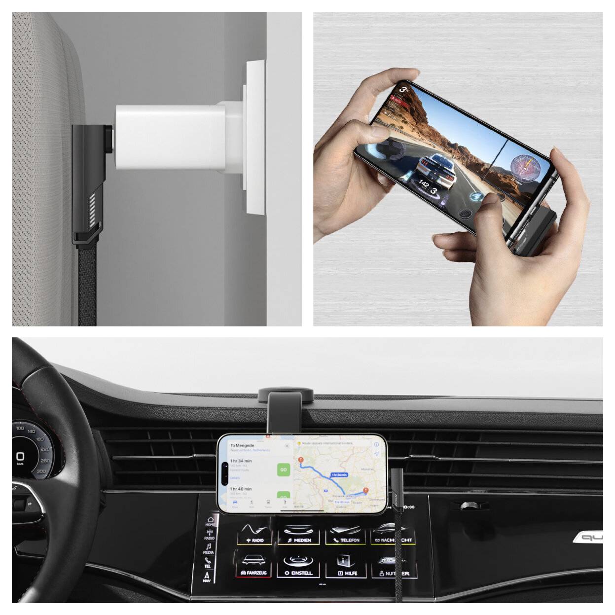 Collage che mostra un supporto magnetico per telefono e uno smartphone utilizzato per i videogiochi, più un telefono montato sul cruscotto dell'auto che visualizza la navigazione.