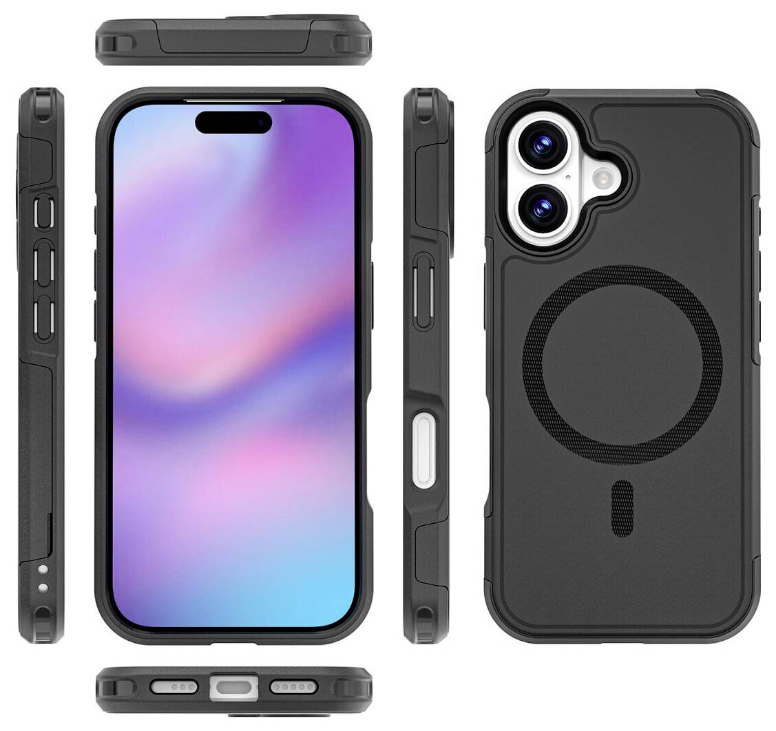 Custodia iPhone nera robusta mostrata da fronte, retro, lati, superiore e inferiore, con anello MagSafe e protezione della fotocamera rialzata.