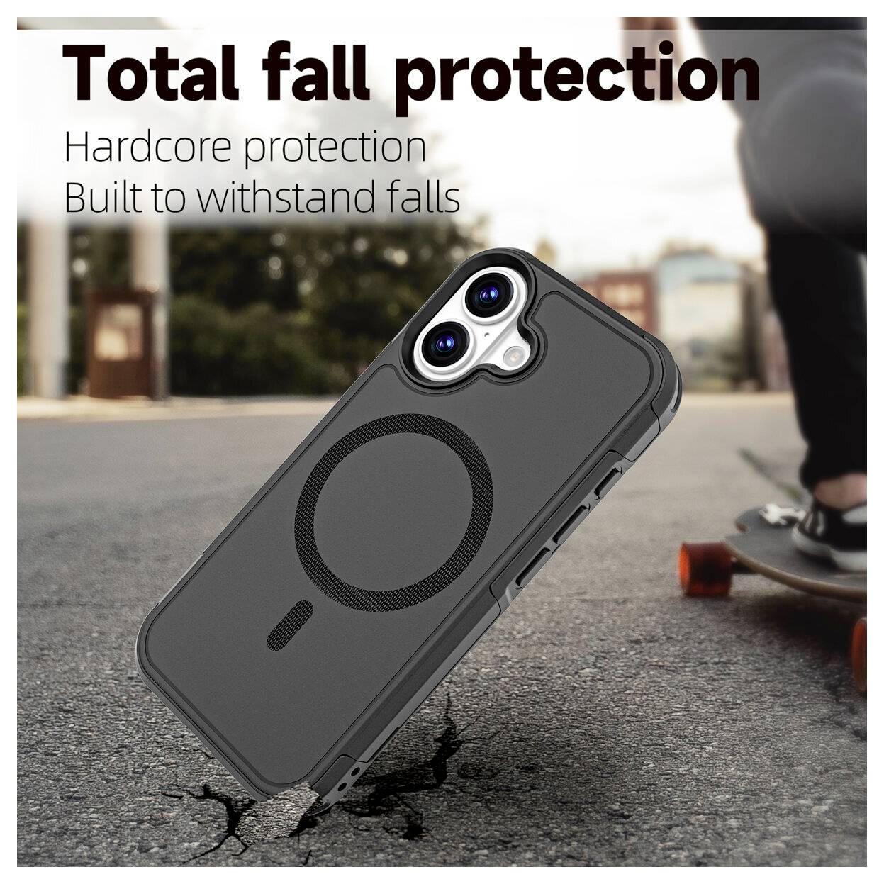 Immagine promozionale di una custodia per smartphone nera e robusta mostrata mentre resiste a una caduta sull'asfalto con il testo "Protezione totale da cadute" e "Protezione estrema Progettata per resistere alle cadute".