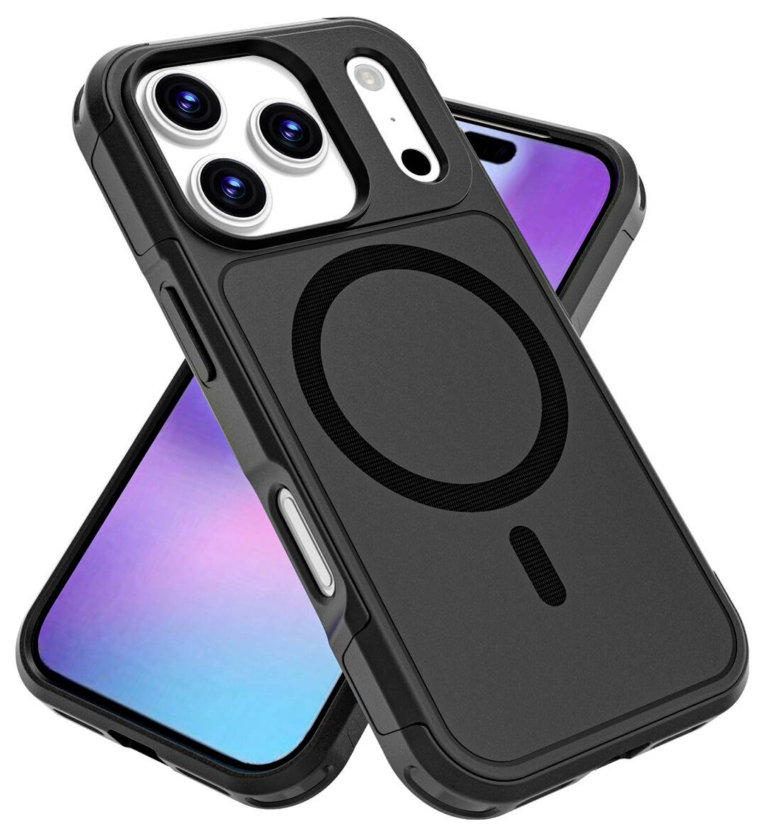 Custodia per smartphone nera con anello di ricarica circolare in stile MagSafe e ritaglio integrato per fotocamera tripla, mostrata su un telefono simile a un iPhone.