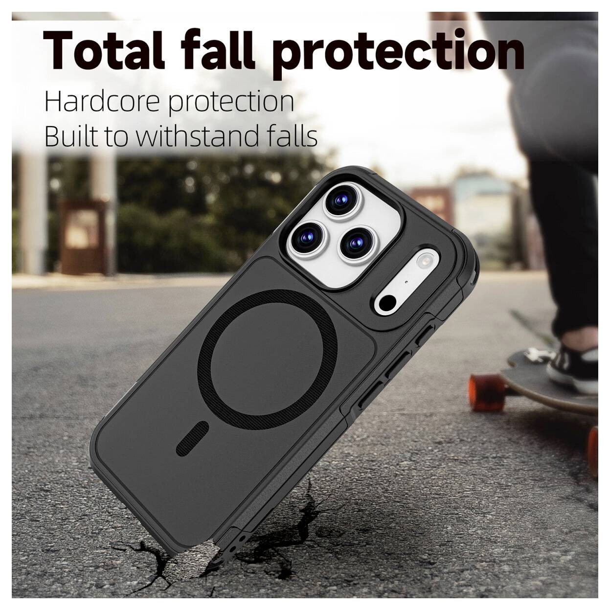 Immagine promozionale di una custodia per telefono robusta etichettata 'Protezione totale dalle cadute' e 'Protezione hardcore Costruita per resistere alle cadute,' mostrata mentre protegge un telefono da una caduta sul marciapiede.