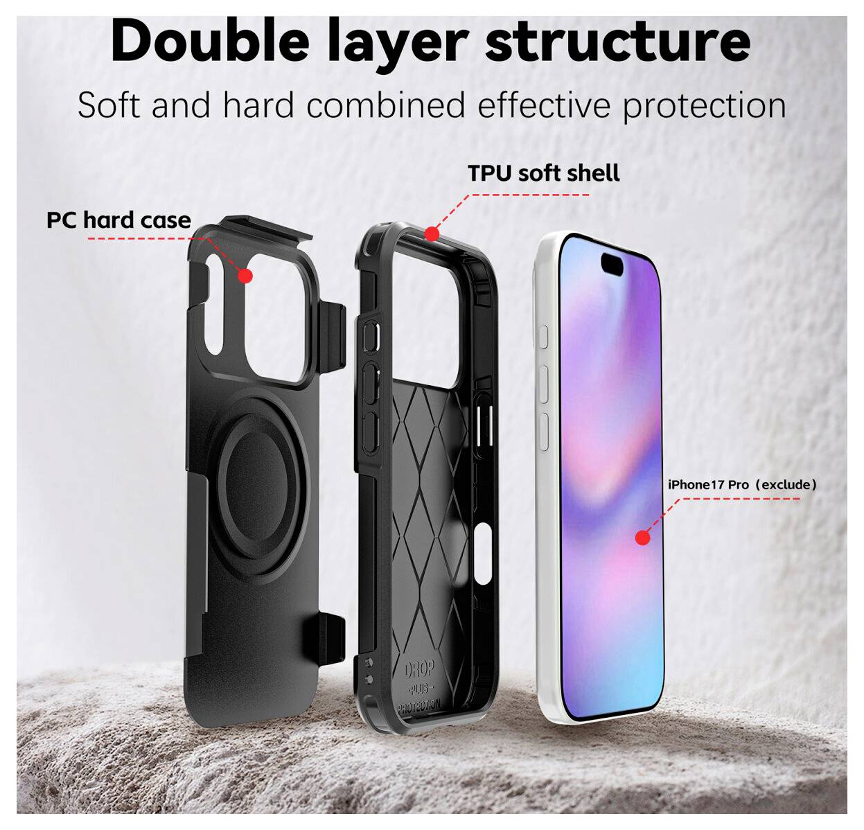 Custodia per telefono a doppio strato mostrata in vista esplosa, con "custodia rigida in PC" e "guscio morbido in TPU" a protezione di un iPhone 17 Pro (non incluso).