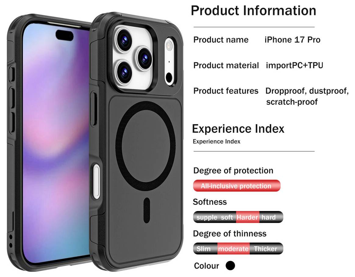 Informazioni sul prodotto - Custodia per iPhone 17 Pro: custodia protettiva in TPU/PC nera con anello MagSafe, antiurto e antigraffio, con valutazioni di morbidezza e spessore.