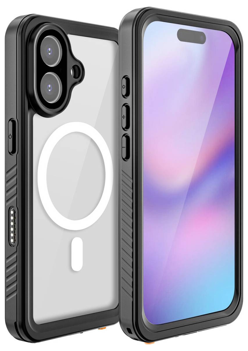 Due viste di uno smartphone in una custodia nera robusta, che mostrano lo schermo anteriore e il retro con fotocamere doppie e anello MagSafe.
