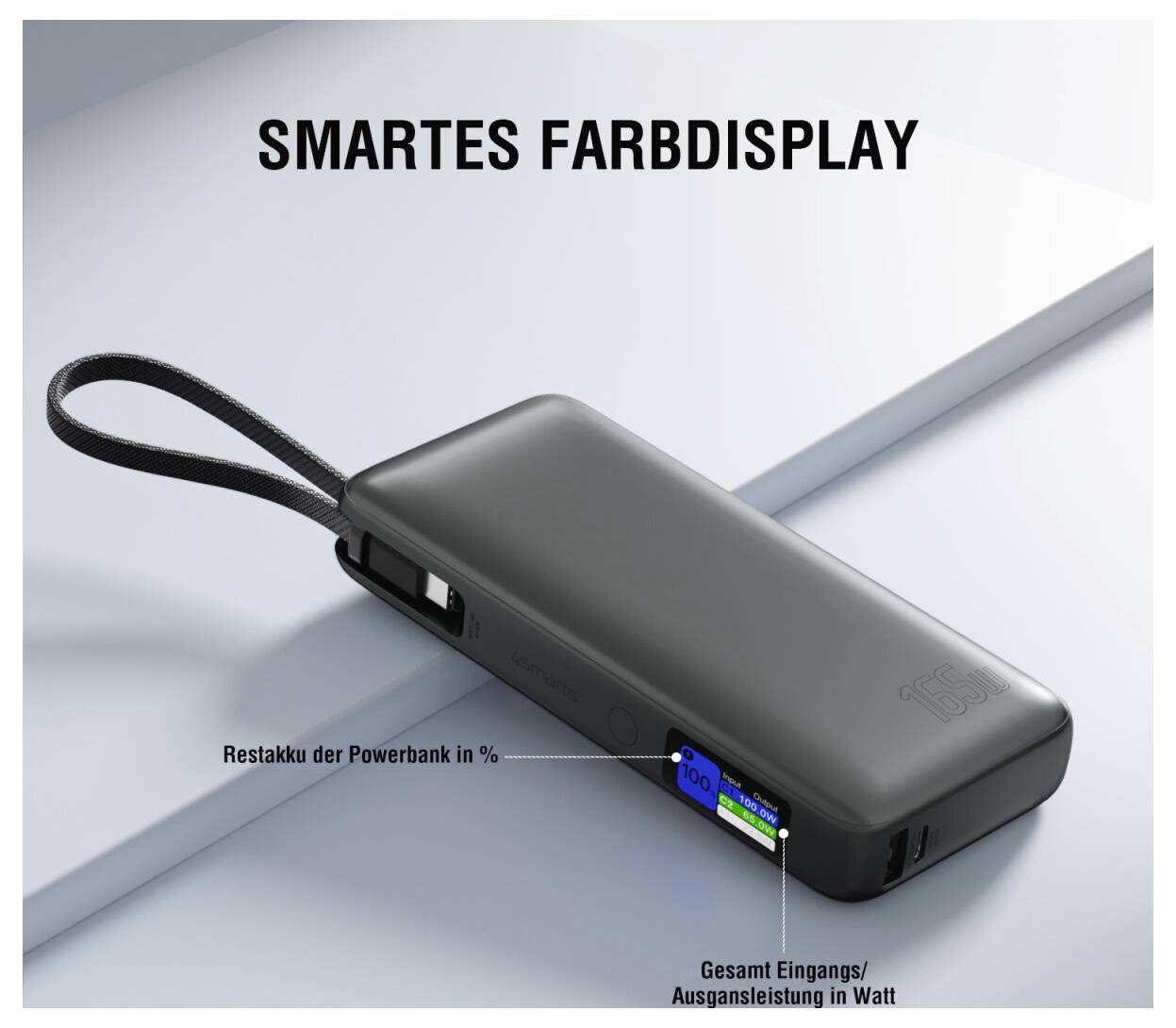 Power bank con display a colori intelligente e piccolo schermo a colori che mostra la batteria rimanente e la potenza di ingresso/uscita in watt.