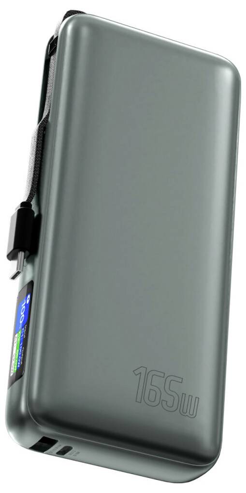 Banca di potenza portatile da 165W in grigio scuro con cinghia laterale e porte di ricarica visibili.
