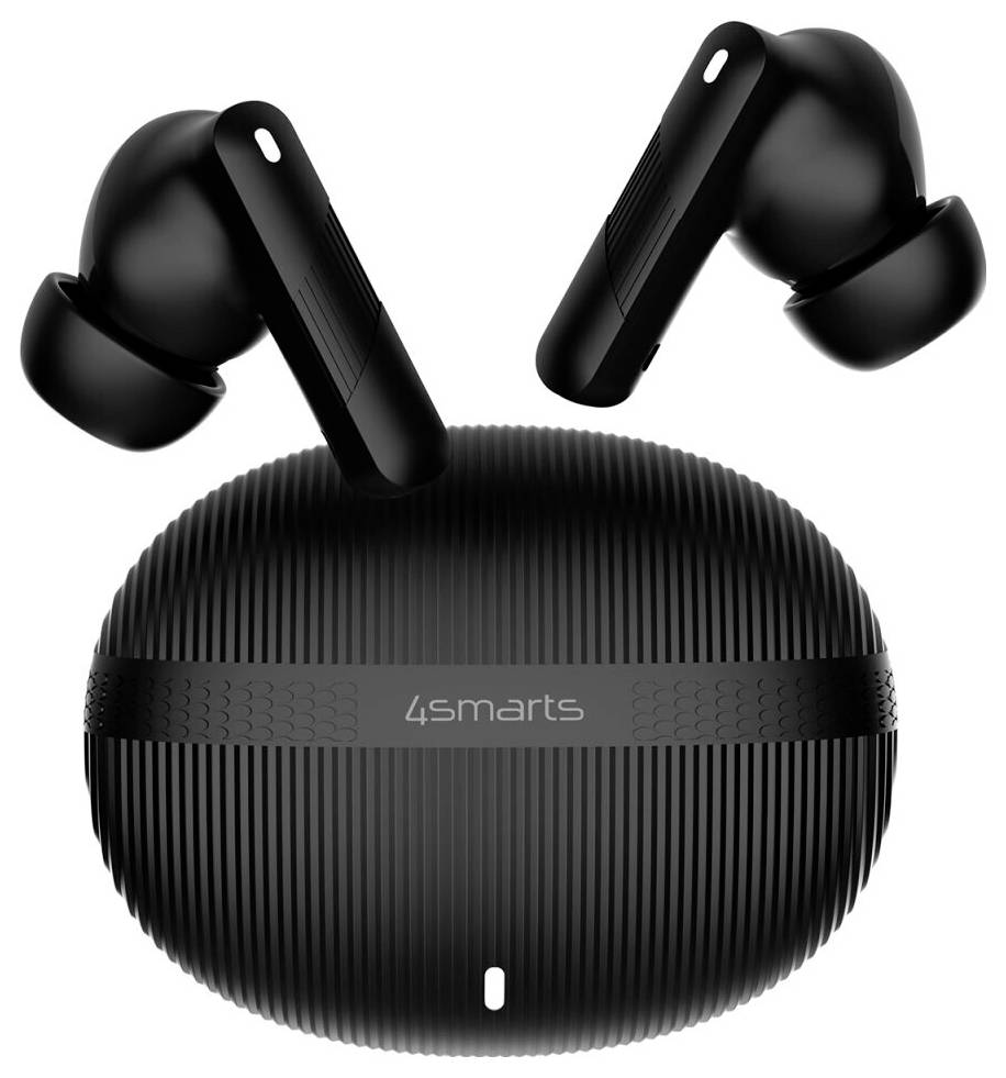 Auricolari wireless 4smarts neri in una custodia di ricarica aperta, mostrati su uno sfondo bianco.
