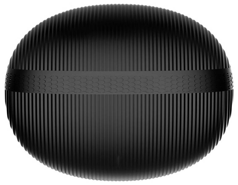 Altoparlante o dispositivo intelligente di forma ovale con nervature nere, mostrato su sfondo bianco, visto di fronte.