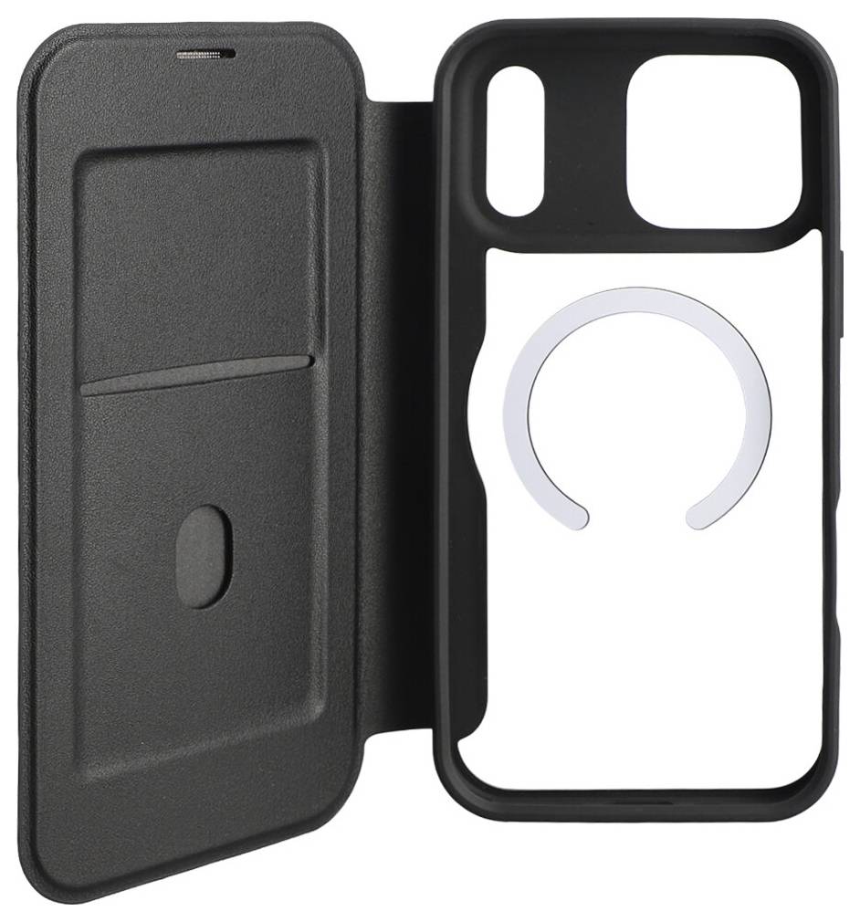 Custodia portafoglio per smartphone nera mostrata aperta, con slot per carta all'interno del frontespizio e custodia interna bianca con ritaglio circolare in stile MagSafe.