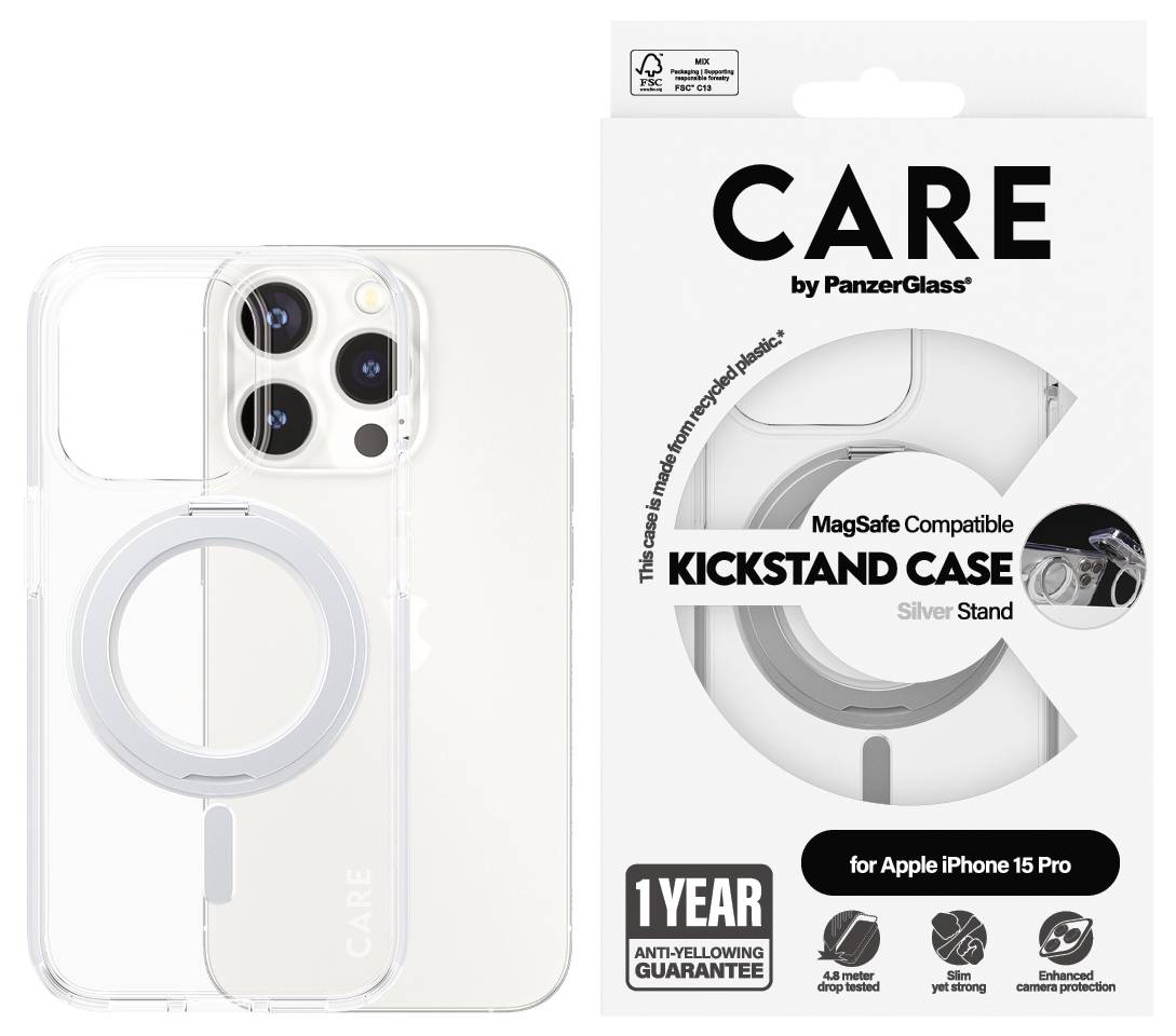 Custodia trasparente compatibile con MagSafe per iPhone 15 Pro con anello supporto argentato, mostrata sul telefono e sulla confezione etichettata "CARE" di PanzerGlass.