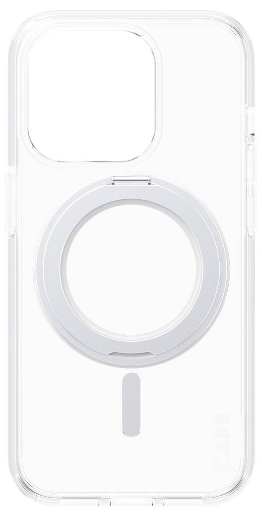 Custodia trasparente per iPhone con un grande anello di stile MagSafe circolare e un ritaglio fotocamera quadrato in alto a sinistra.