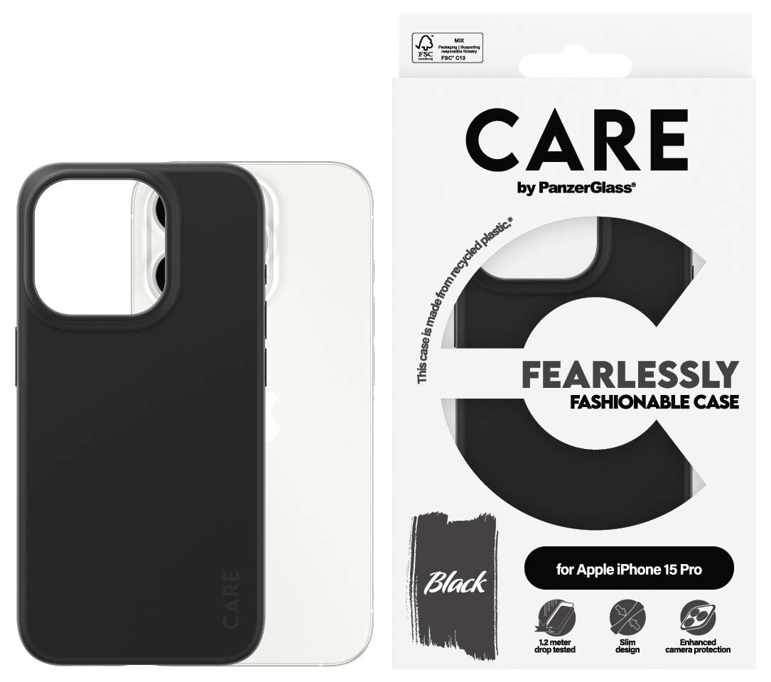 Custodia iPhone 15 Pro PanzerGlass CARE nera mostrata accanto alla sua confezione, etichettata 'CARE' e 'CUSTODIA AUDACEMENTE ELEGANTE' con icone di protezione.