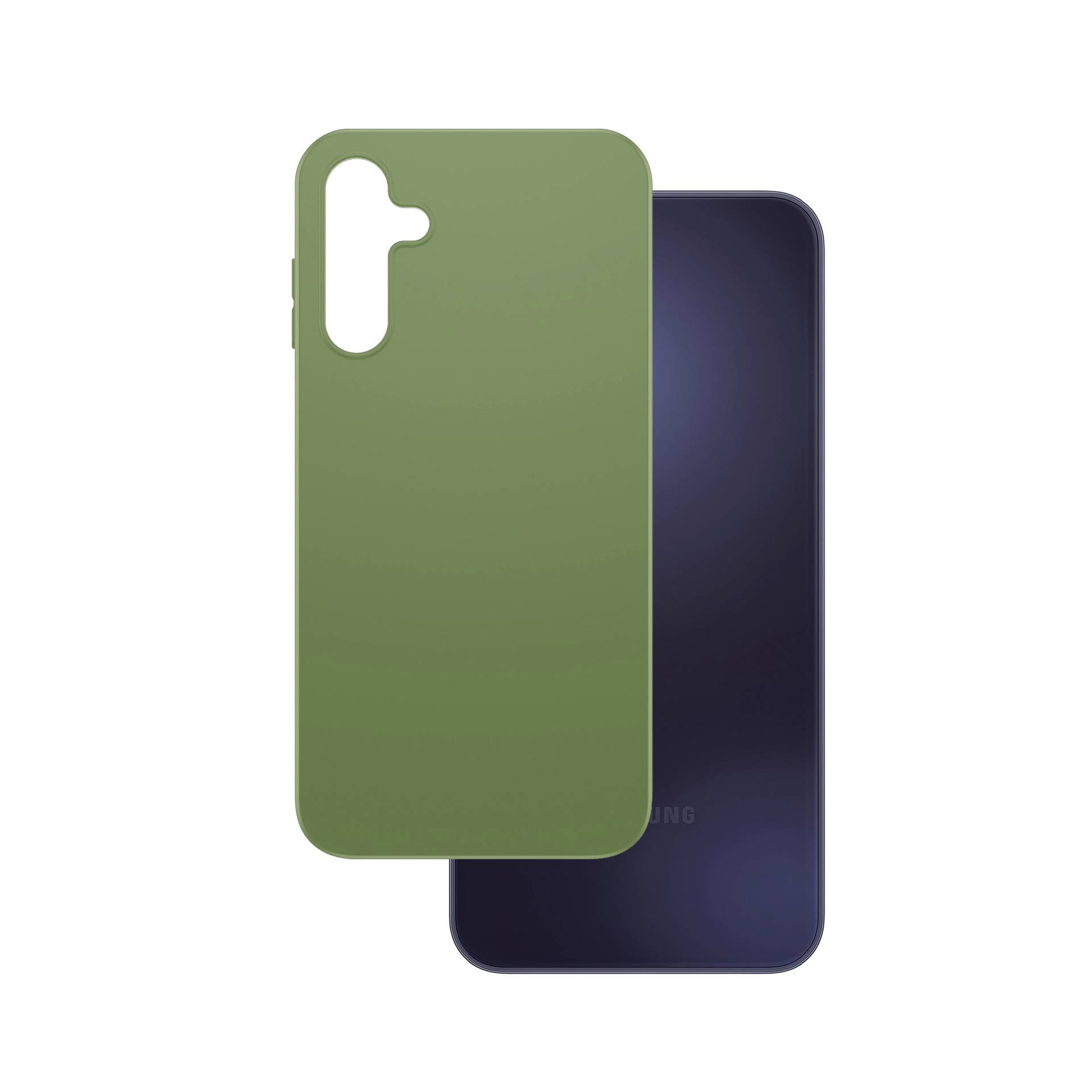 Due custodie per smartphone mostrate da davanti e dietro: custodia verde oliva con un ritaglio per fotocamera bianco davanti, custodia blu marino scuro dietro.