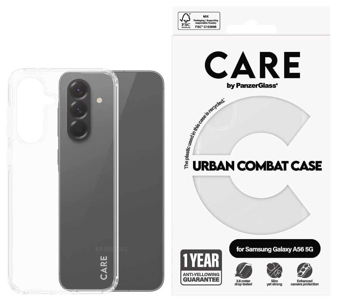 Custodia per telefono trasparente accanto alla confezione al dettaglio etichettata 'CARE by PanzerGlass' e 'Urban Combat Case' per Samsung Galaxy A56 5G, con icone di garanzia di 1 anno.