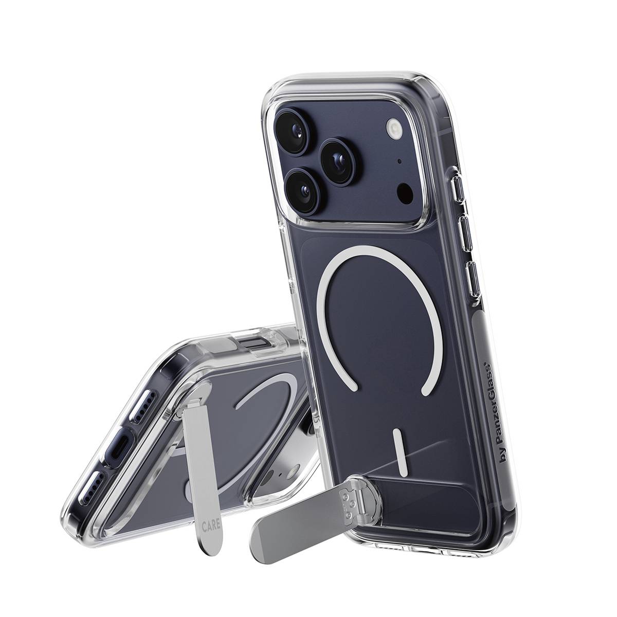 Due smartphone con custodia trasparente e supporti integrati, uno in posizione verticale e uno inclinato, che mostrano un anello di ricarica wireless sul retro.