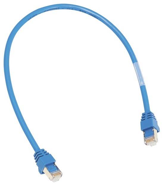 Cavo Ethernet blu con connettori RJ45 su entrambe le estremità, mostrato su sfondo bianco.