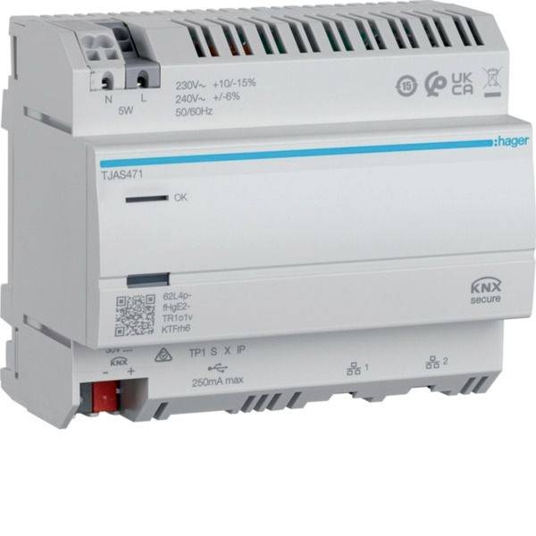 Modulo di controllo elettrico sicuro White Hager KNX etichettato 'TJAS471' con connessioni di terminali e indicatori di stato