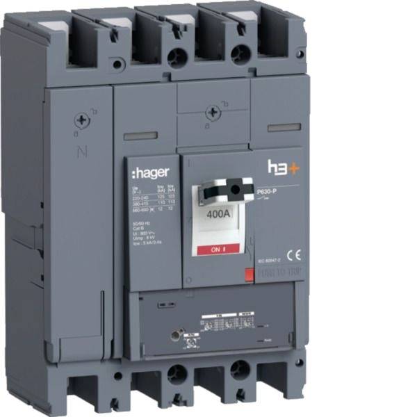 Interruttore automatico elettrico Gray Hager con interruttore 400A e indicatore ON, mostrato su sfondo bianco.