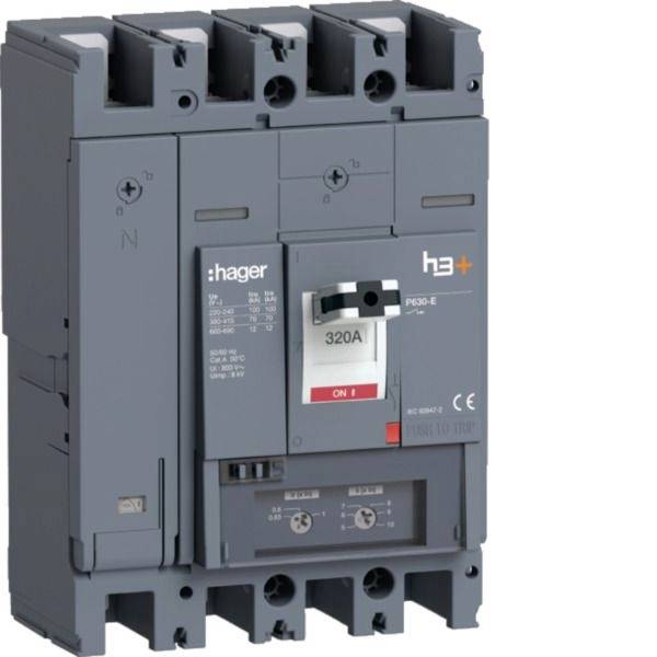 Interruttore automatico elettrico Gray Hager, contrassegnato 320A, con interruttore ON e connessioni terminali superiore e inferiore.