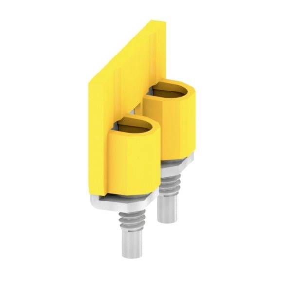 Connettore elettrico a doppia cavità giallo con due terminali metallici, mostrato su sfondo bianco.