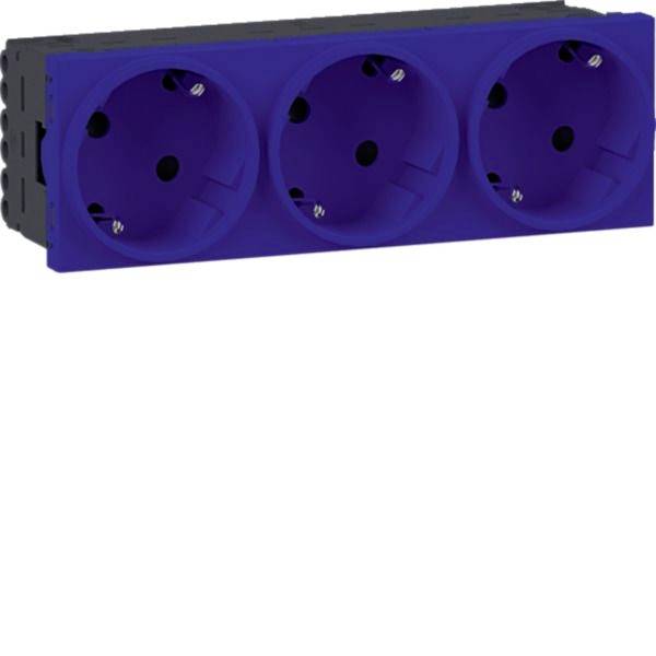 Ciabatta elettrica tripla di colore viola con tre prese rotonde su una base nera, mostrata su uno sfondo bianco.