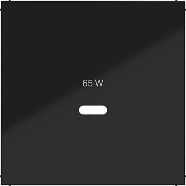 Caricabatteria nero quadrato etichettato "65 W" con una piccola spia luminosa bianca al centro.