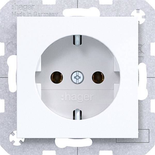 Presa elettrica da parete Hager bianca con due fori per spina rotonda e vite centrale, montata su una piastra di sostegno in metallo.