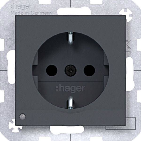 Presa elettrica da parete Hager grigio scuro singola montata su una piastra di supporto in metallo.