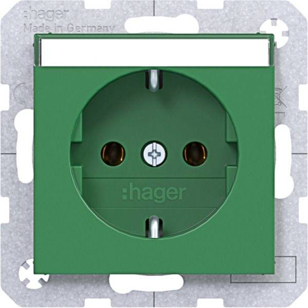 Modulo presa di corrente Hager verde con ricettacolo rotondo di tipo europeo su telaio di montaggio in metallo.