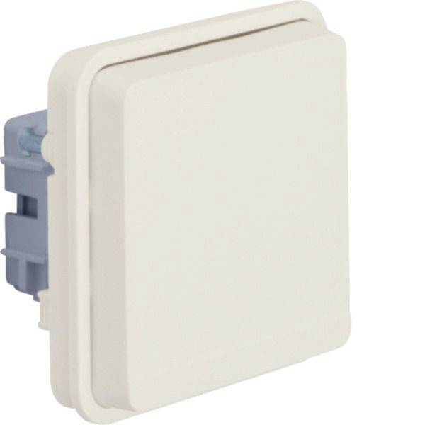 Interruttore a parete quadrato bianco o dimmer con base di montaggio grigia, mostrato su uno sfondo neutro.