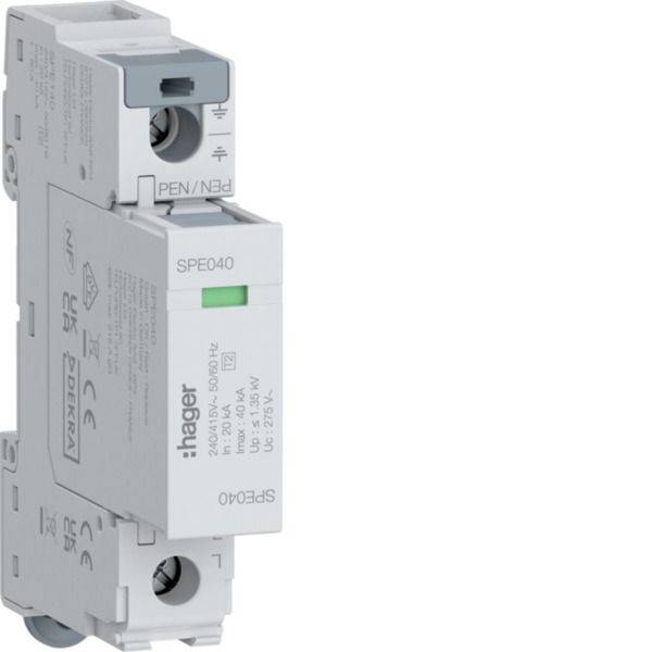 Modulo di protezione da sovratensione White Hager SPE040 con finestra di stato verde, mostrato su uno sfondo neutro.