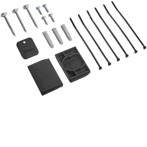 Kit di ferramenta di montaggio assortito con viti, tasselli per parete, fascette stringitubo, pad adesivo, e staffe in plastica nera o coperture su sfondo bianco.