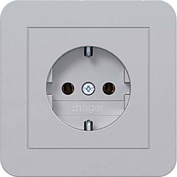 Presa elettrica singola in stile europeo su placca di copertura quadrata grigio chiaro, marchio 'hager'.
